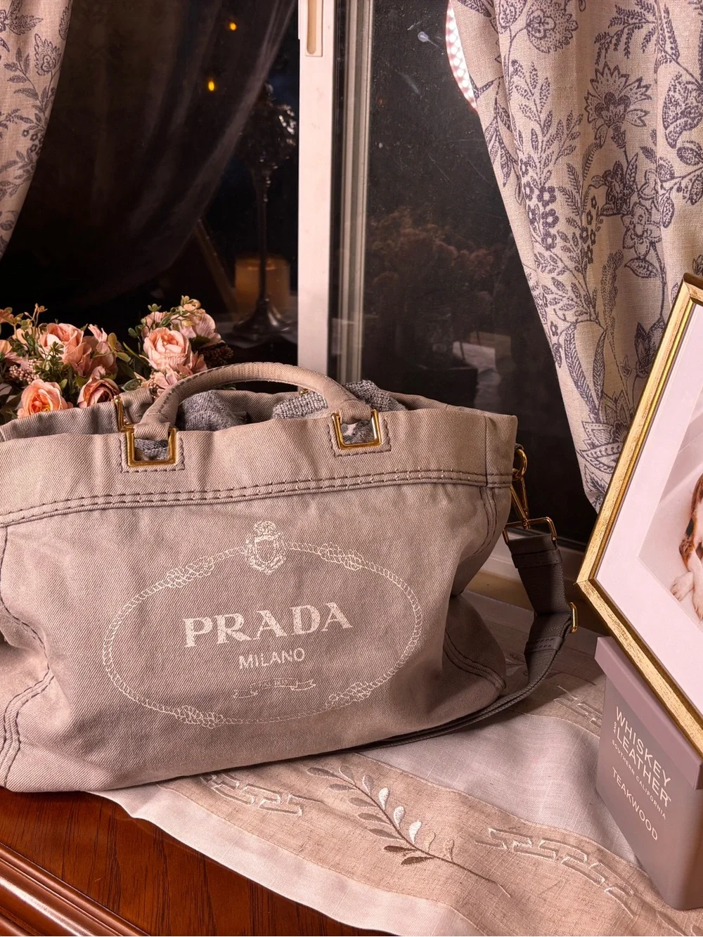 PRADA Gray Canapa Canvas Messenger Tote with Gold-Tone Hardware